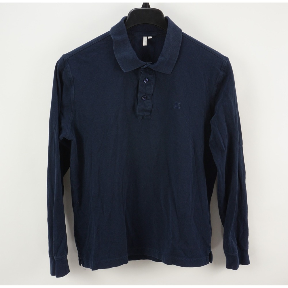 Compagnolo Pique Cotton Polo Shirt‎ Men's Large Slim Fit Long Sleeve Navy Blue